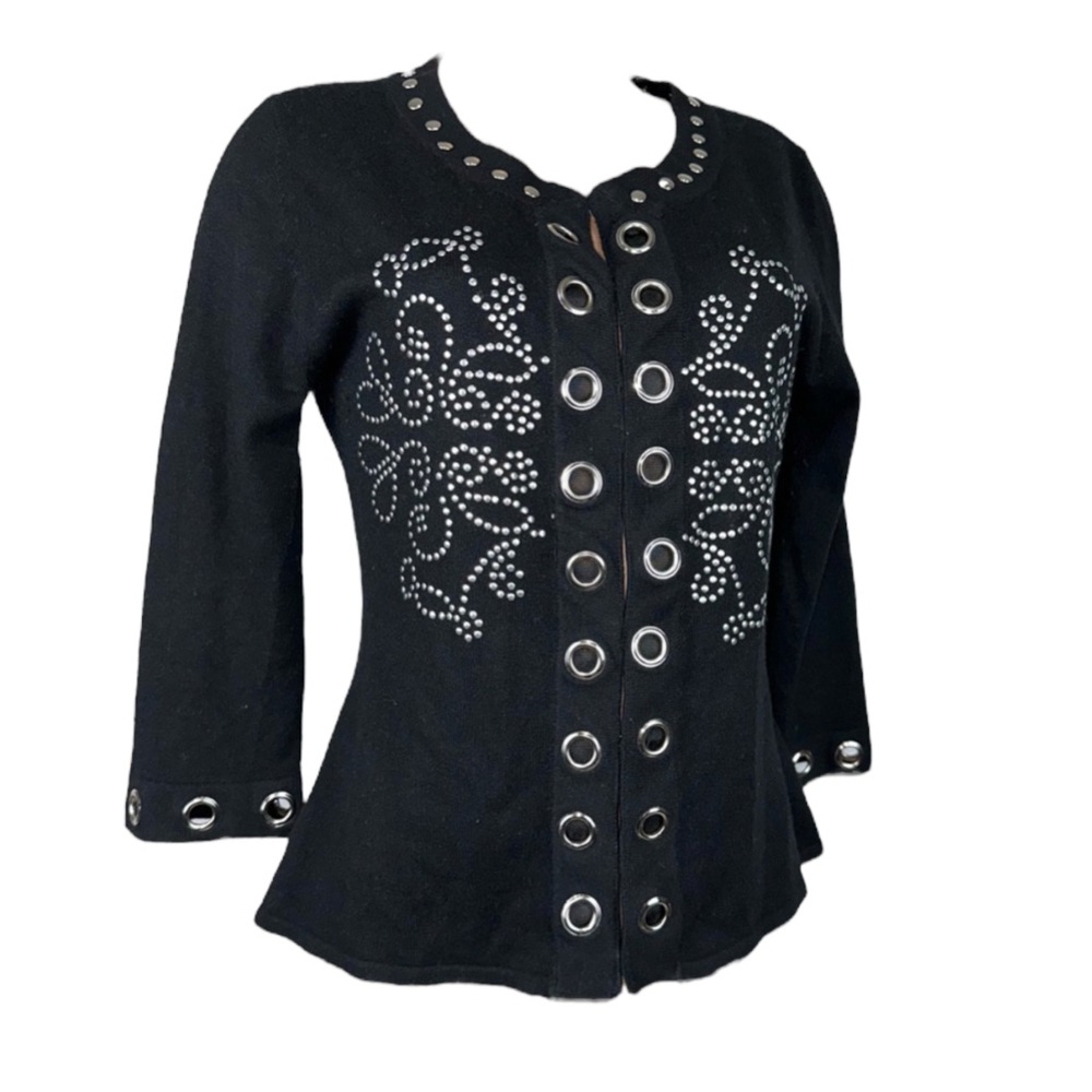 MICHAEL SIMON Silk Cashmere Blend Black Studded Soft Knit Cardigan Sweater
